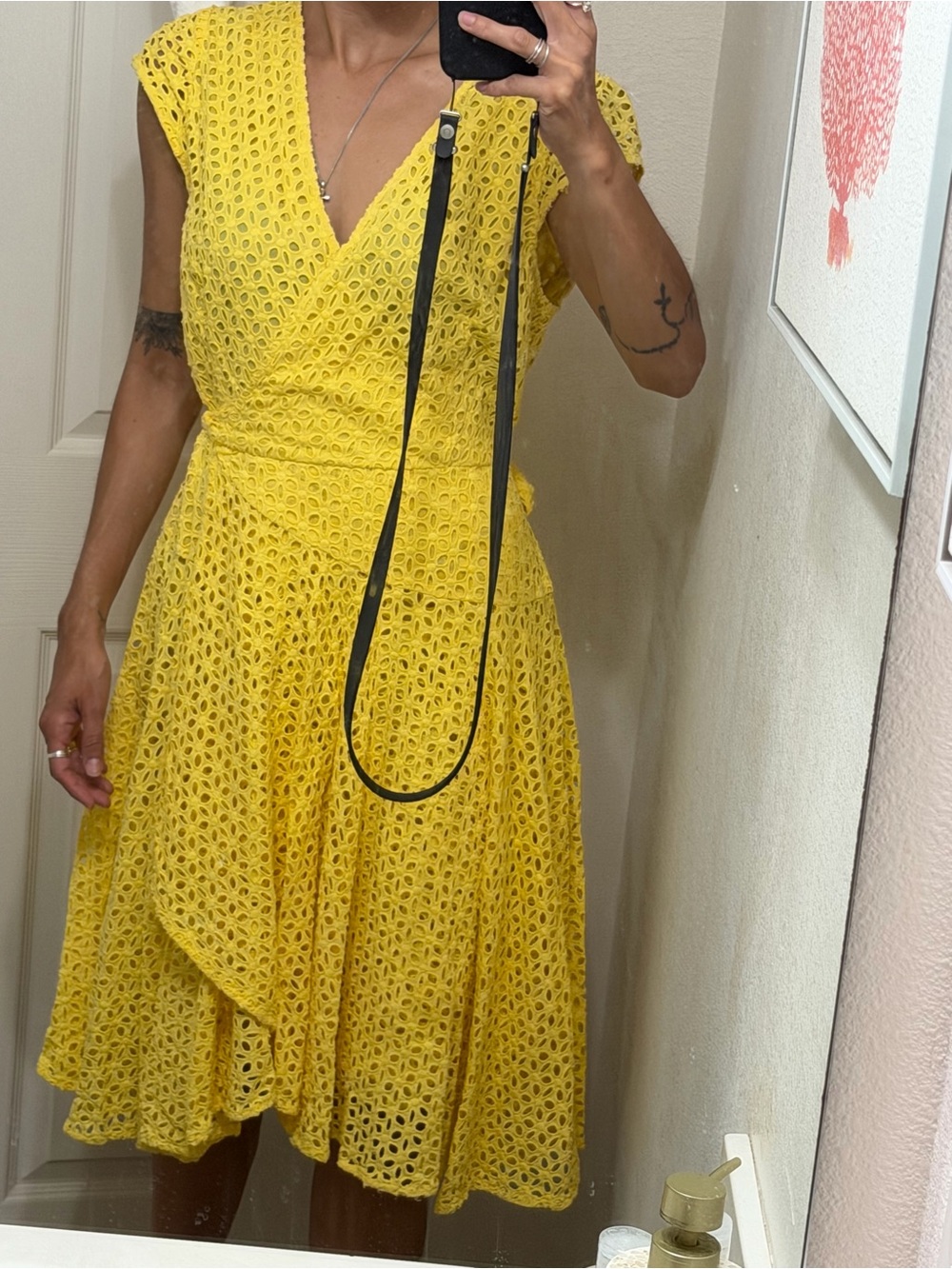 Alex Marie Yellow Eyelet Wrap-Style Midi Dress